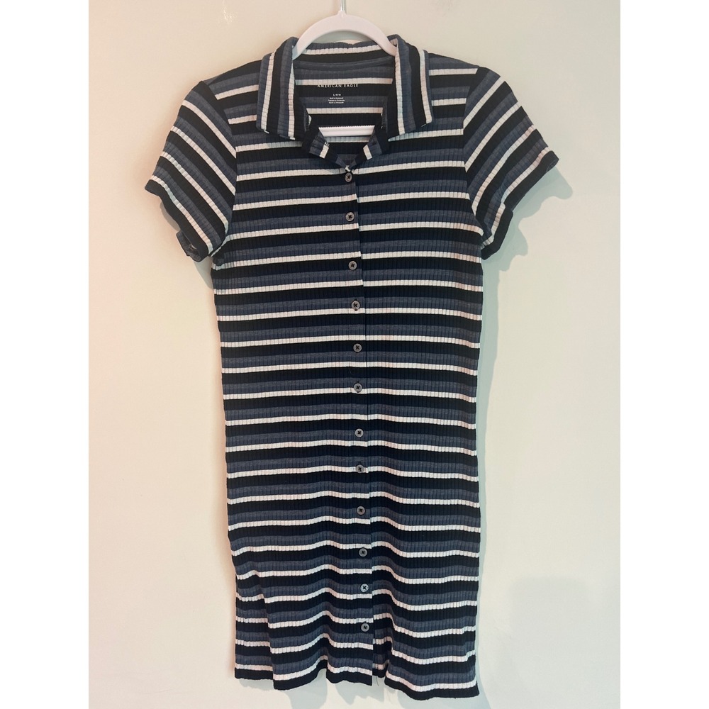 American Eagle Blue White Striped Ribbed Button Front Dress Size Large Retro